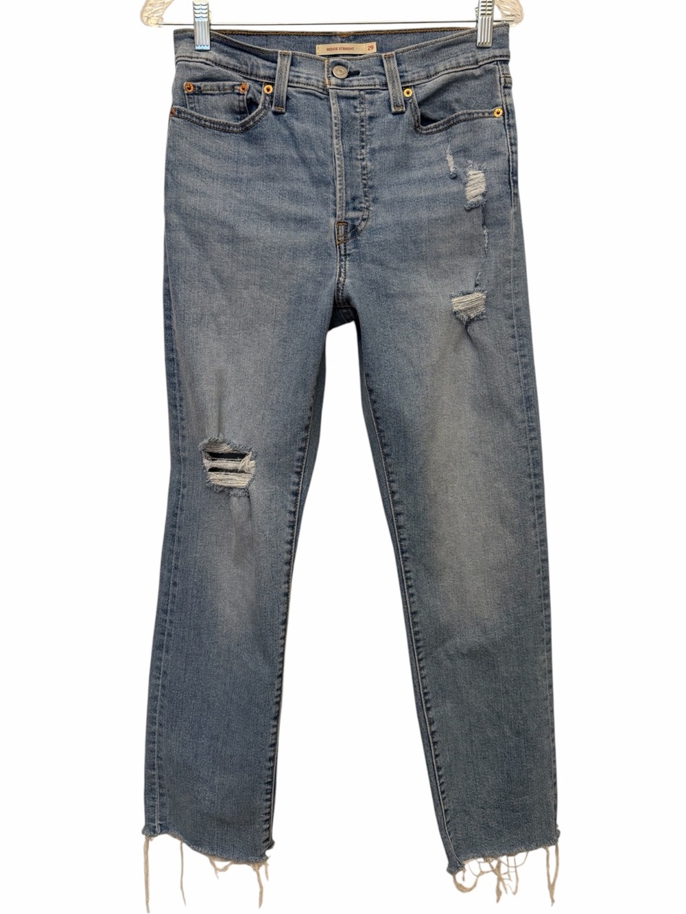 Levi's Womens 29 Light Blue Wash Button Wedgie Straight Jeans Distressed Grunge